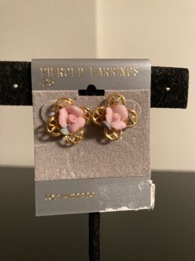 Pink Rose and Gold Filigree Stud Earrings for Kids